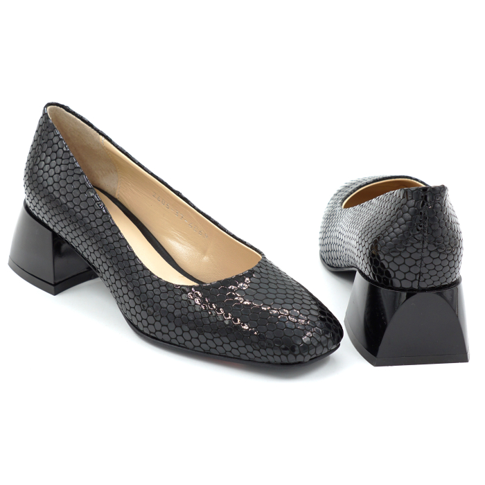 Pantofi dama din piele naturala lacuita croco negru cu varf patrat si toc mic gros de 4 cm 4069-2-26 [5]