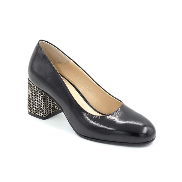 Pantofi dama din piele naturala lacuita neagra cu varf rotund si toc mic gros imbracat de 6 cm 6065-2-26 [2]