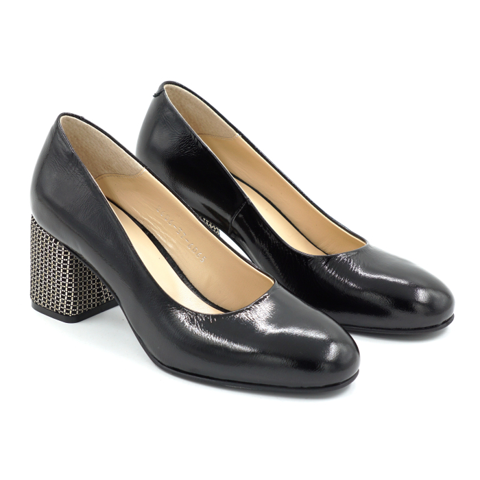 Pantofi dama din piele naturala lacuita neagra cu varf rotund si toc mic gros imbracat de 6 cm 6065-2-26 [3]