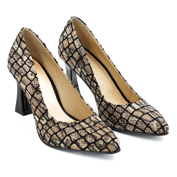 Pantofi dama din piele naturala neagra cu imprimeu animal print, cu varf ascutit stiletto si toc mediu subtire de 8 cm 8057-7-26 [3]