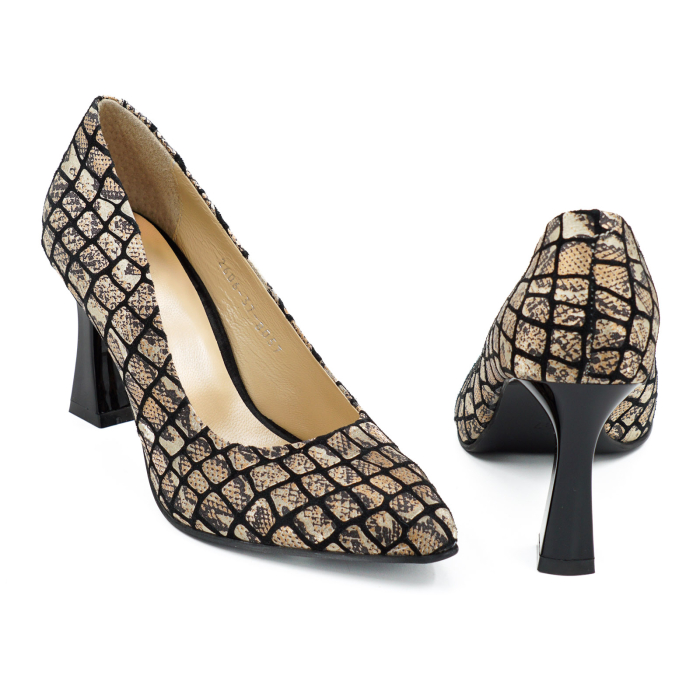 Pantofi dama din piele naturala neagra cu imprimeu animal print, cu varf ascutit stiletto si toc mediu subtire de 8 cm 8057-7-26 [5]