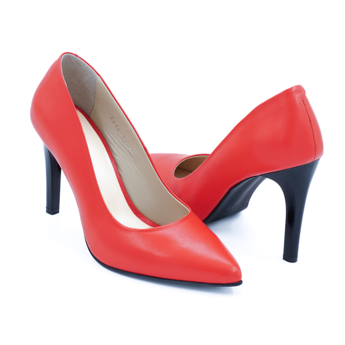 Pantofi dama din piele naturala rosie cu varf ascutit stiletto si toc inalt subtire de 9 cm 9557-10-26 [4]
