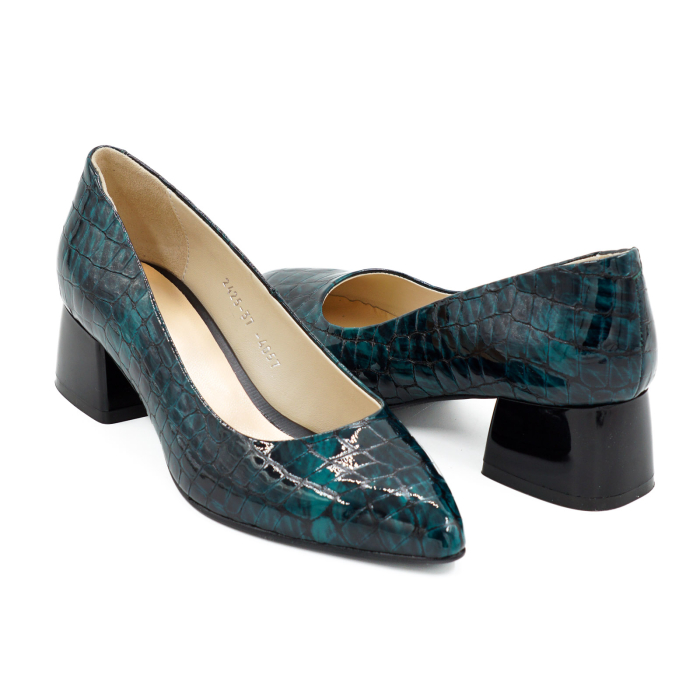 Pantofi dama din piele naturala croco lac verde inchis, cu varf ascutit stiletto si toc mic gros de 4 cm 4057-4-26 [4]