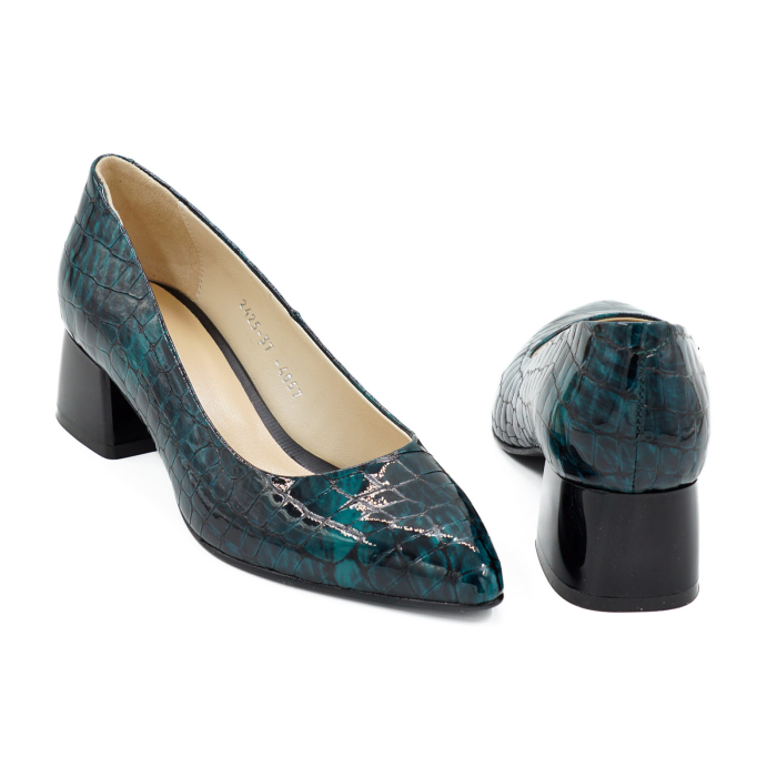 Pantofi dama din piele naturala croco lac verde inchis, cu varf ascutit stiletto si toc mic gros de 4 cm 4057-4-26 [5]
