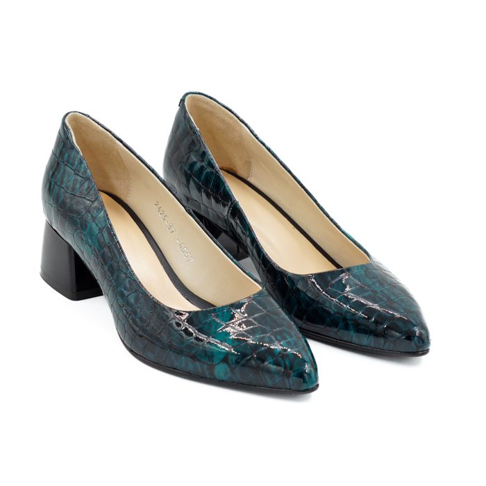 Pantofi dama din piele naturala croco lac verde inchis, cu varf ascutit stiletto si toc mic gros de 4 cm 4057-4-26 [3]