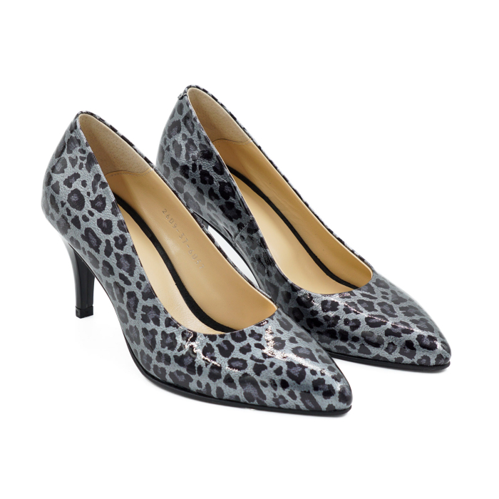 Pantofi dama din piele naturala lacuita gri cu imprimeu leopard, cu varf ascutit stiletto si toc mic subtire de 6 cm 6057-3-26 [3]