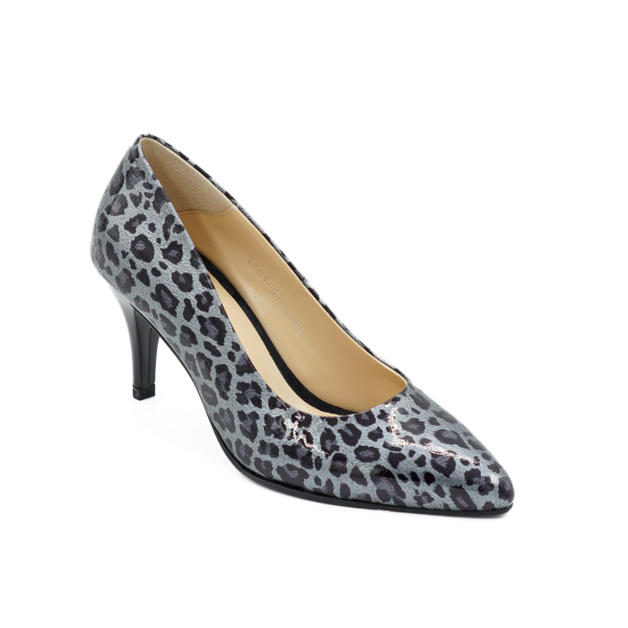 Pantofi dama din piele naturala lacuita gri cu imprimeu leopard, cu varf ascutit stiletto si toc mic subtire de 6 cm 6057-3-26 [2]