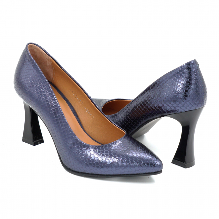 Pantofi dama din piele naturala cu imprimeu sarpe bleumaren metalizat cu varf ascutit stileto si toc mediu subtire 8 cm 8057-3 [4]