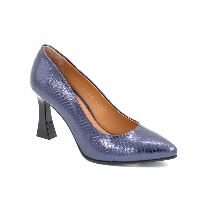 Pantofi dama din piele naturala cu imprimeu sarpe bleumaren metalizat cu varf ascutit stileto si toc mediu subtire 8 cm 8057-3 [2]