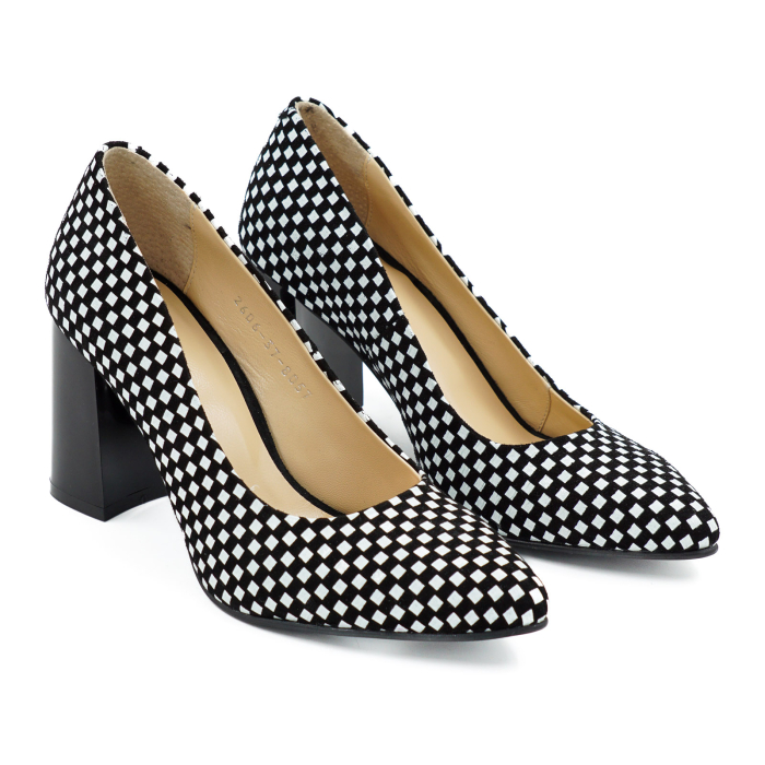 Pantofi dama din piele naturala neagra cu patrate albe, cu varf ascutit stiletto si toc mediu gros de 8 cm 8057-12-26 [3]