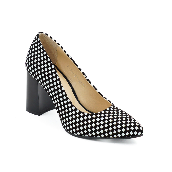 Pantofi dama din piele naturala neagra cu patrate albe, cu varf ascutit stiletto si toc mediu gros de 8 cm 8057-12-26 [2]