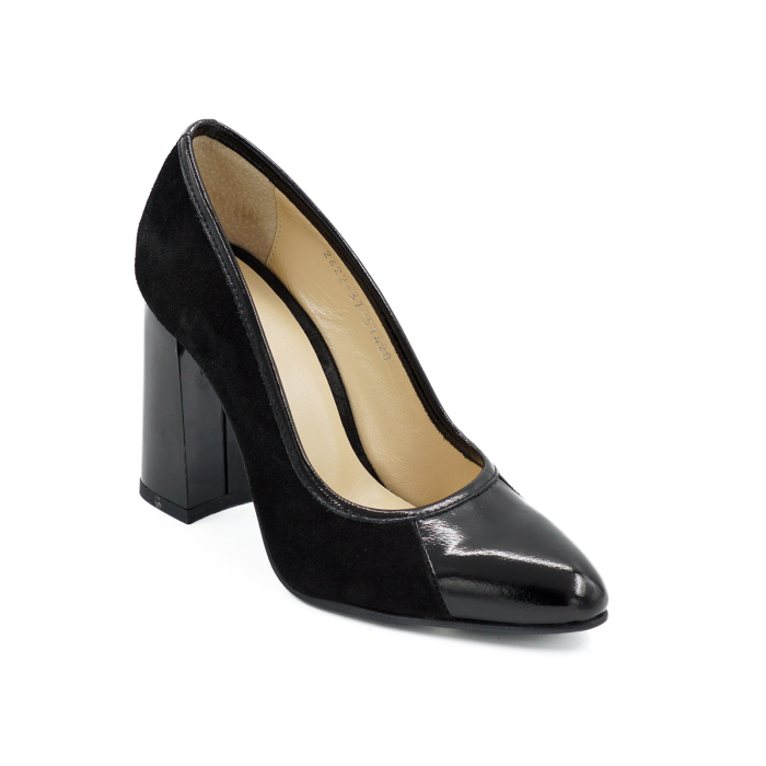 Pantofi dama din piele naturala lacuita si intoarsa neagra, cu varf ascutit stiletto si toc inalt gros 9 cm 51420-26 [2]