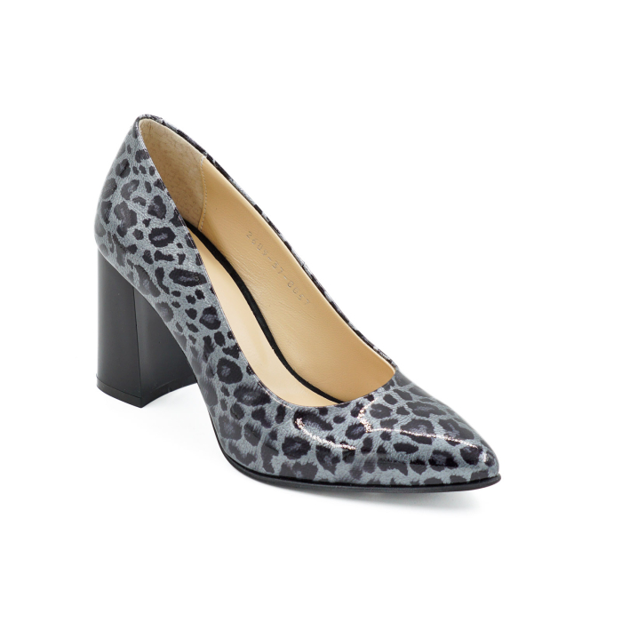 Pantofi dama din piele naturala lacuita gri cu imprimeu leopard cu varf ascutit stiletto si toc mediu gros de 8 cm 8057-5-26 [2]
