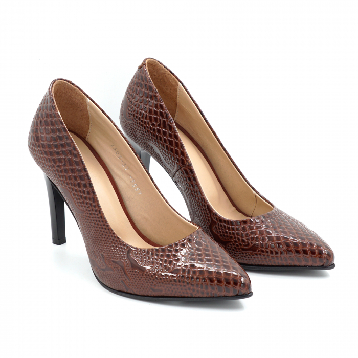 Pantofi dama din piele naturala lacuita cu imprimeu croco maro cu varf ascutit stiletto si toc inalt subtire de 9 cm 9557-4-25 [5]