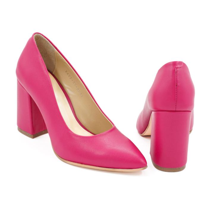 Pantofi dama din piele naturala fucsia, cu varf ascutit stiletto si toc mediu gros imbracat de 8 cm 8057-14-26 [5]