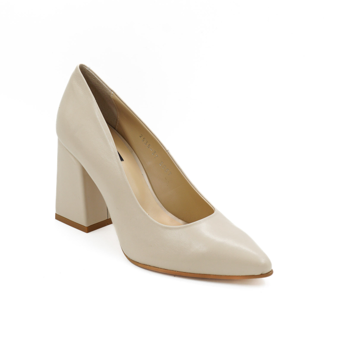 Pantofi dama din piele naturala bej, cu varf ascutit stiletto si toc mediu gros imbracat de 8 cm 8057-16-26 [2]