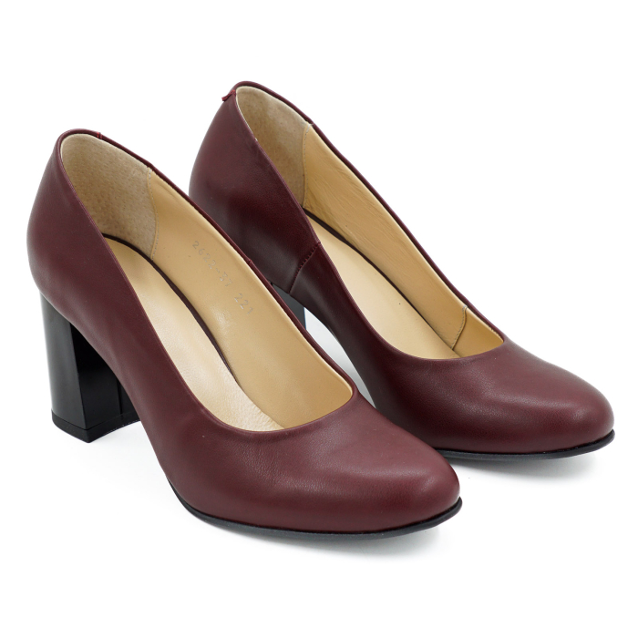 Pantofi dama din piele naturala maro inchis, cu varf rotund si toc mediu gros de 7 cm 0221-1-26 [3]