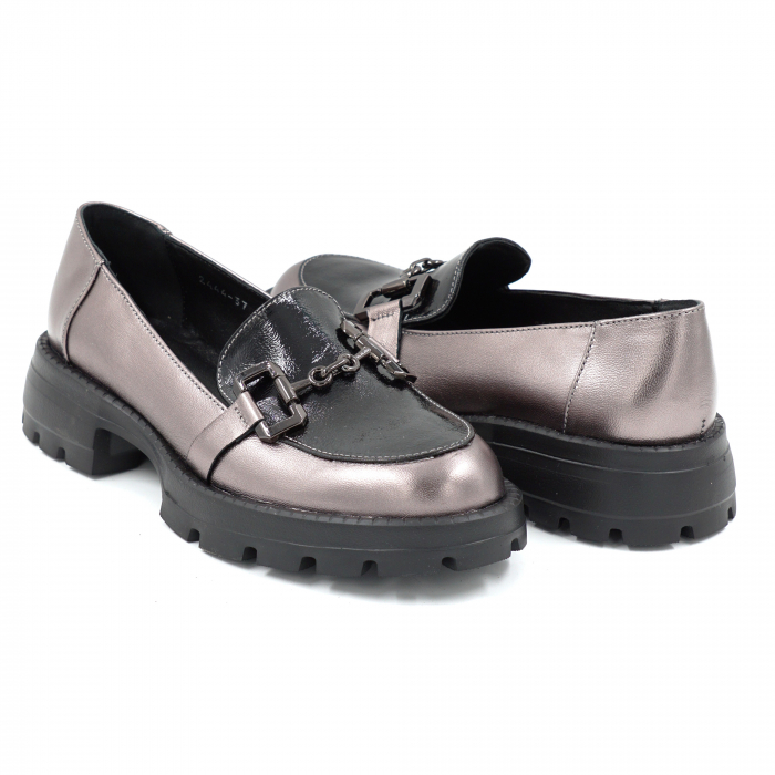 Pantofi dama casual loafers din piele naturala bronz metalizat si neagra cu varf rotund si talpa de 3 cm 51625-25 [4]