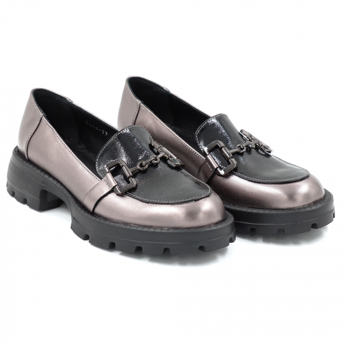 Pantofi dama casual loafers din piele naturala bronz metalizat si neagra cu varf rotund si talpa de 3 cm 51625-25 [3]