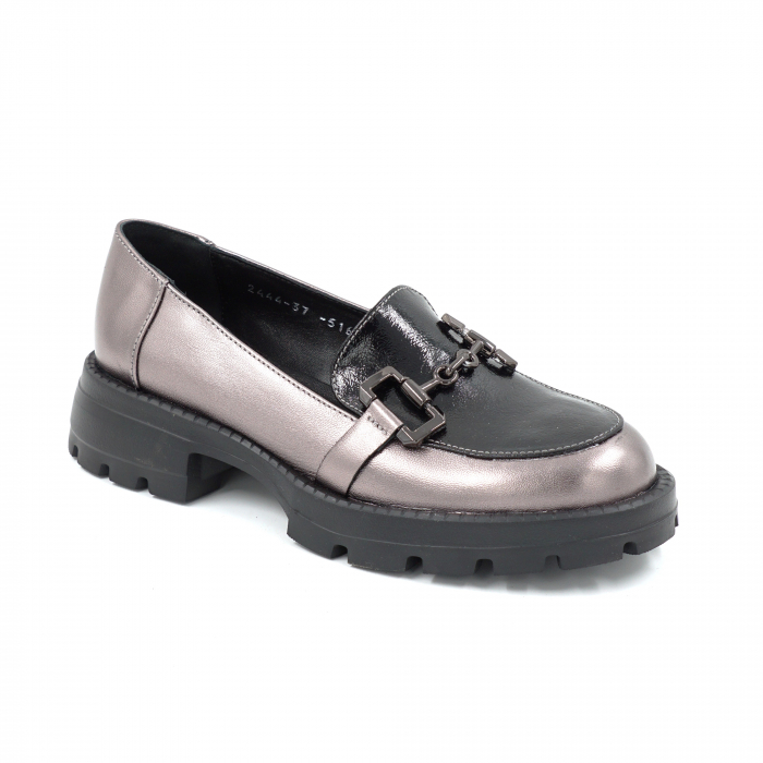 Pantofi dama casual loafers din piele naturala bronz metalizat si neagra cu varf rotund si talpa de 3 cm 51625-25 [2]
