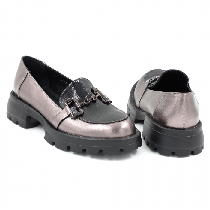 Pantofi dama casual loafers din piele naturala bronz metalizat si neagra cu varf rotund si talpa de 3 cm 51625-25 [5]