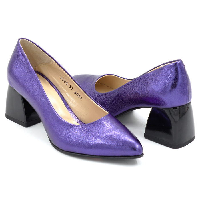 Pantofi dama din piele naturala mov metalizat cu varf ascutit stiletto si toc mic gros de 6 cm 6057-12-25 [4]