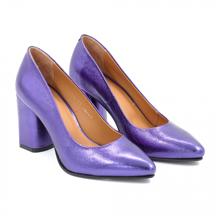 Pantofi dama din piele naturala mov metalizat cu varf ascutit stiletto si toc mediu gros imbracat 8 cm  8057-4-25 [3]