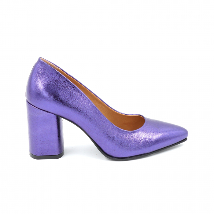 Pantofi dama din piele naturala mov metalizat cu varf ascutit stiletto si toc mediu gros imbracat 8 cm  8057-4-25 [1]
