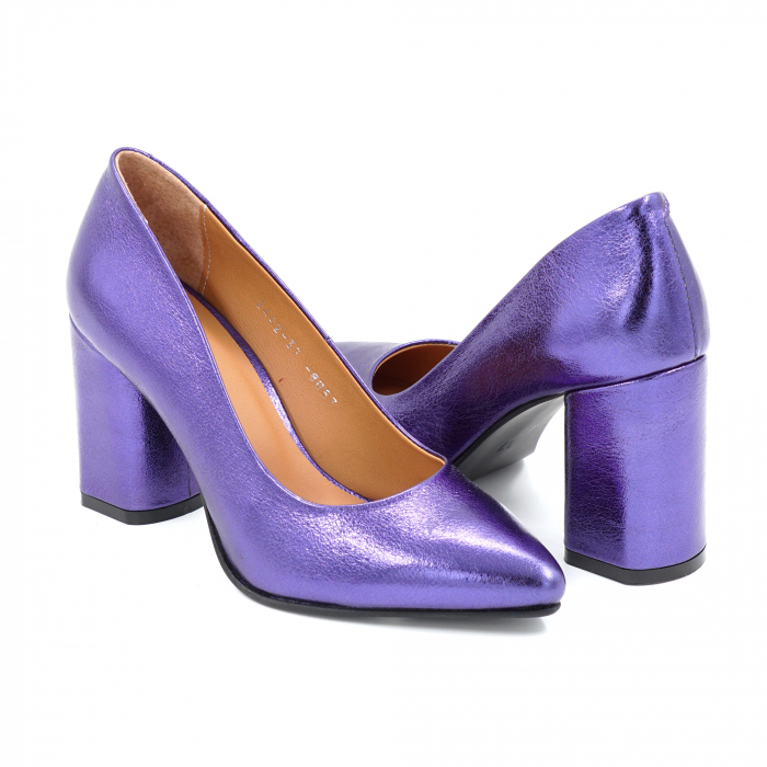 Pantofi dama din piele naturala mov metalizat cu varf ascutit stiletto si toc mediu gros imbracat 8 cm  8057-4-25 [4]