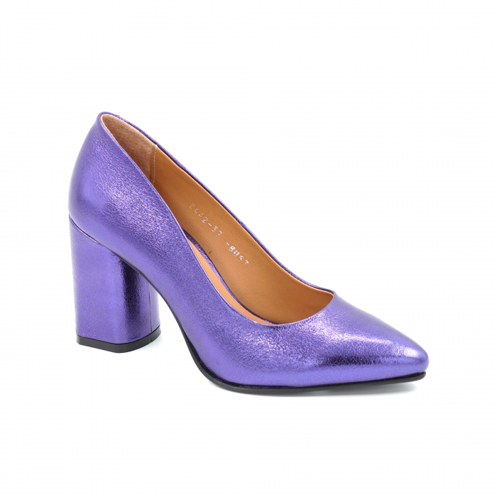 Pantofi dama din piele naturala mov metalizat cu varf ascutit stiletto si toc mediu gros imbracat 8 cm  8057-4-25 [2]