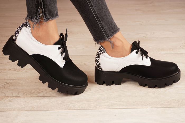 Pantofi dama casual din piele naturala bizonata alba, neagra si cu imprimeu alb-negru cu varf rotund si talpa 3 cm  56320-21 [3]