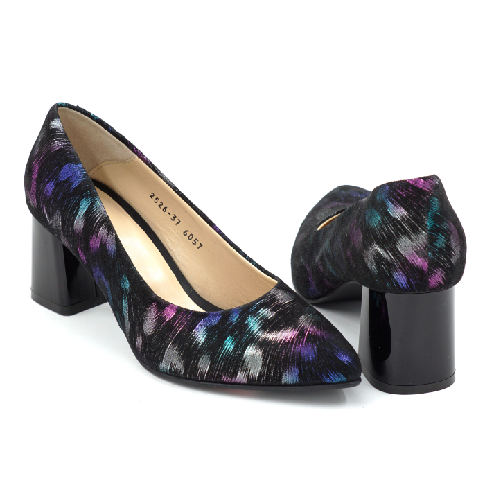 Pantofi dama din piele naturala neagra cu imprimeu multicolor cu varf ascutit  stiletto si toc mic gros de 6 cm 6057-11-25 [5]