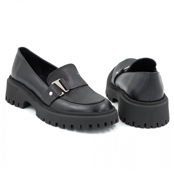 Pantofi dama casual loafers din piele naturala neagra cu varf rotund si talpa de 4 cm 52225-25 [5]