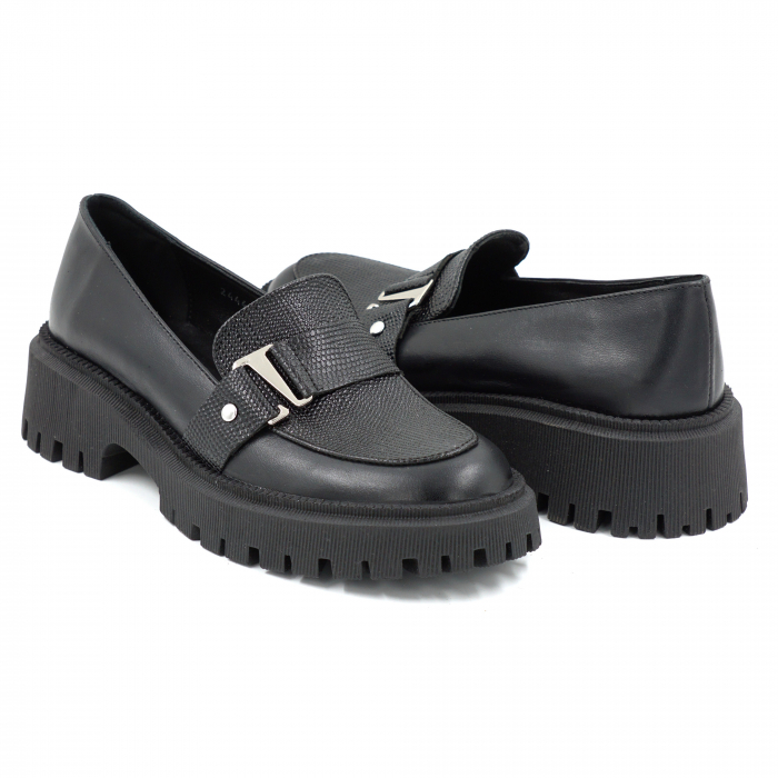 Pantofi dama casual loafers din piele naturala neagra cu varf rotund si talpa de 4 cm 52225-25 [4]