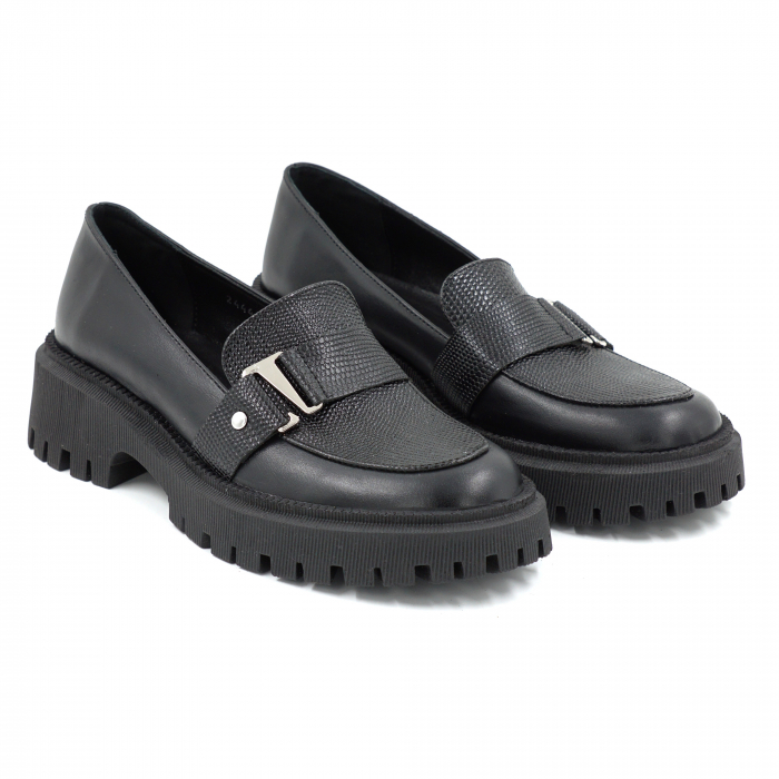 Pantofi dama casual loafers din piele naturala neagra cu varf rotund si talpa de 4 cm 52225-25 [3]