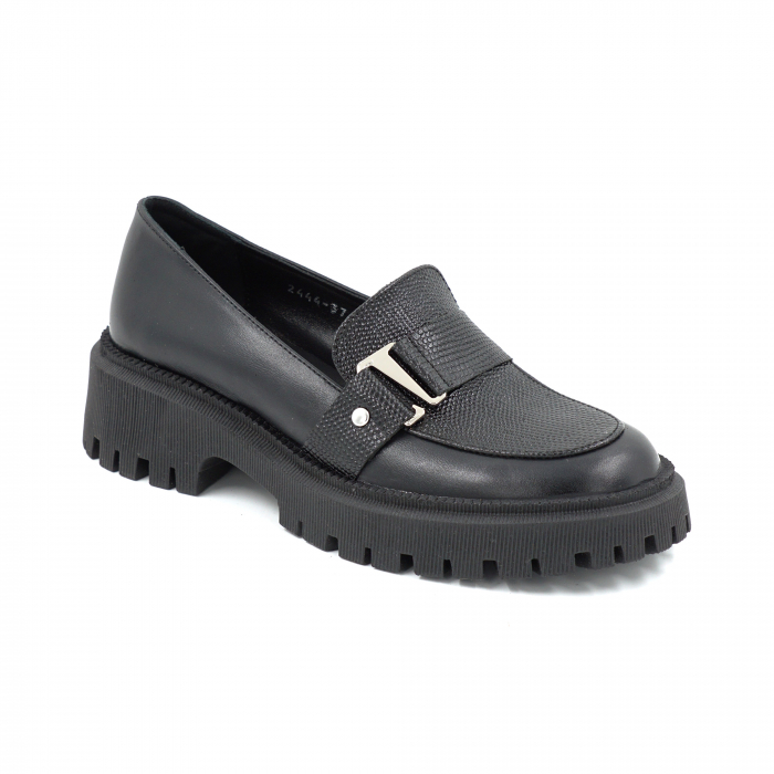 Pantofi dama casual loafers din piele naturala neagra cu varf rotund si talpa de 4 cm 52225-25 [2]