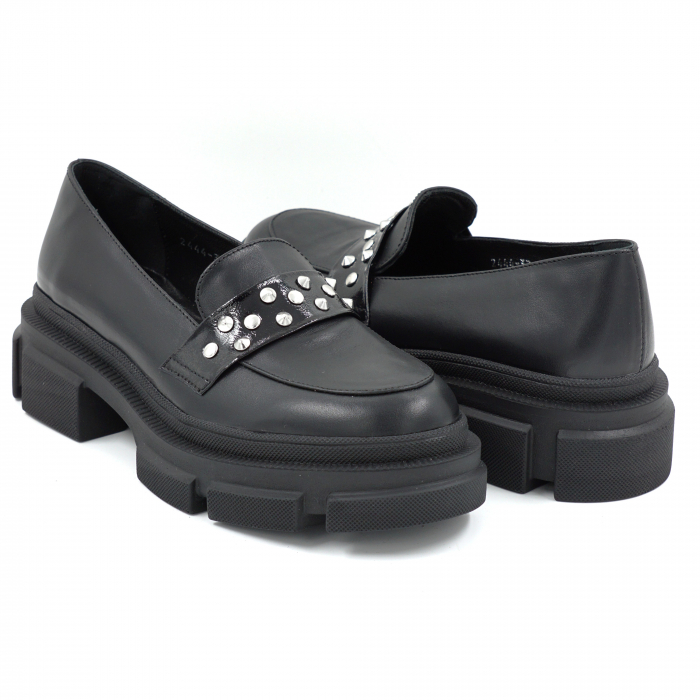 Pantofi dama casual loafers din piele naturala neagra cu varf rotund si talpa de 4 cm 53125-25 [4]