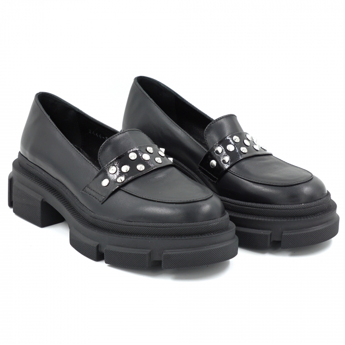 Pantofi dama casual loafers din piele naturala neagra cu varf rotund si talpa de 4 cm 53125-25 [3]