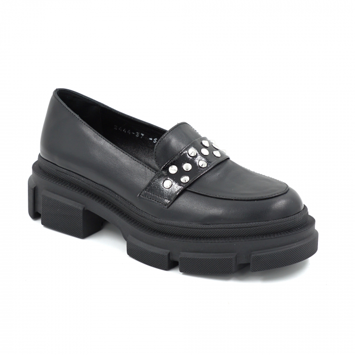 Pantofi dama casual loafers din piele naturala neagra cu varf rotund si talpa de 4 cm 53125-25 [2]