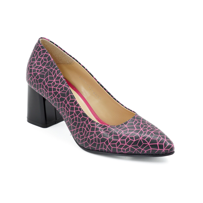 Pantofi dama din piele naturala neagra cu imprimeu fucsia, cu varf ascutit stiletto si toc mic gros de 6 cm 6057-5-26 [2]