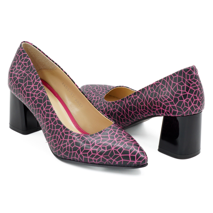 Pantofi dama din piele naturala neagra cu imprimeu fucsia, cu varf ascutit stiletto si toc mic gros de 6 cm 6057-5-26 [4]