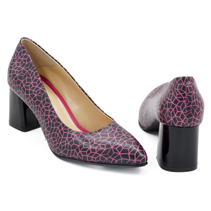 Pantofi dama din piele naturala neagra cu imprimeu fucsia, cu varf ascutit stiletto si toc mic gros de 6 cm 6057-5-26 [5]