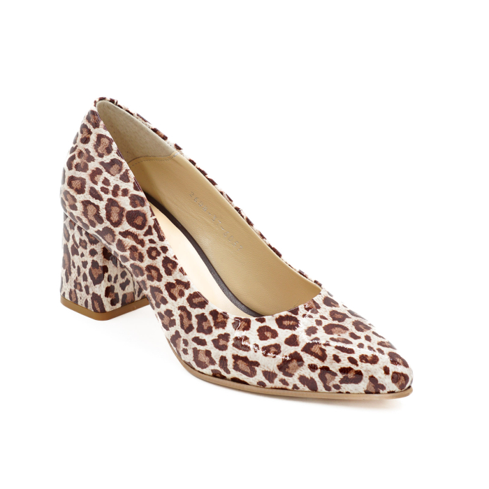 Pantofi dama din piele naturala lacuita cu imprimeu leopard, cu varf ascutit stiletto si toc mic gros imbracat de 6 cm 6057-8-26 [2]