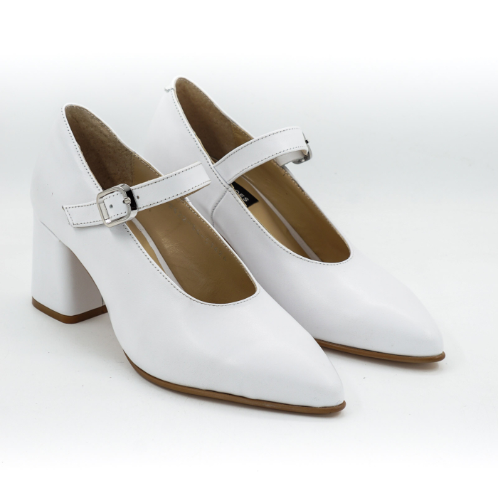 Pantofi dama din piele naturala alba, cu varf ascutit stiletto si toc mic gros imbracat de 6 cm 51626-26 [3]