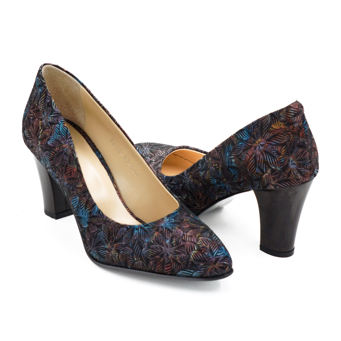 Pantofi dama din piele naturala neagra cu imprimeu, cu varf ascutit si toc mediu gros de 7 cm 0449-1-26 [4]