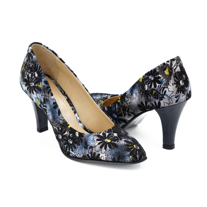 Pantofi dama din piele naturala neagra cu imprimeu, cu varf ascutit si toc mediu gros de 7 cm 0449-5-26 [4]