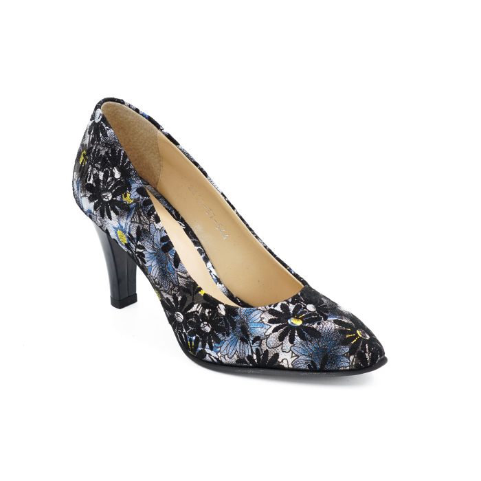 Pantofi dama din piele naturala neagra cu imprimeu, cu varf ascutit si toc mediu gros de 7 cm 0449-5-26 [2]