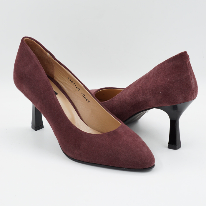 Pantofi dama din piele naturala intoarsa visinie, cu varf ascutit si toc mediu subtire de 7 cm 0449-10-26 [4]