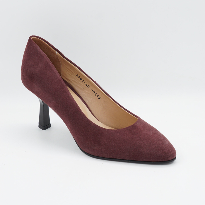Pantofi dama din piele naturala intoarsa visinie, cu varf ascutit si toc mediu subtire de 7 cm 0449-10-26 [2]