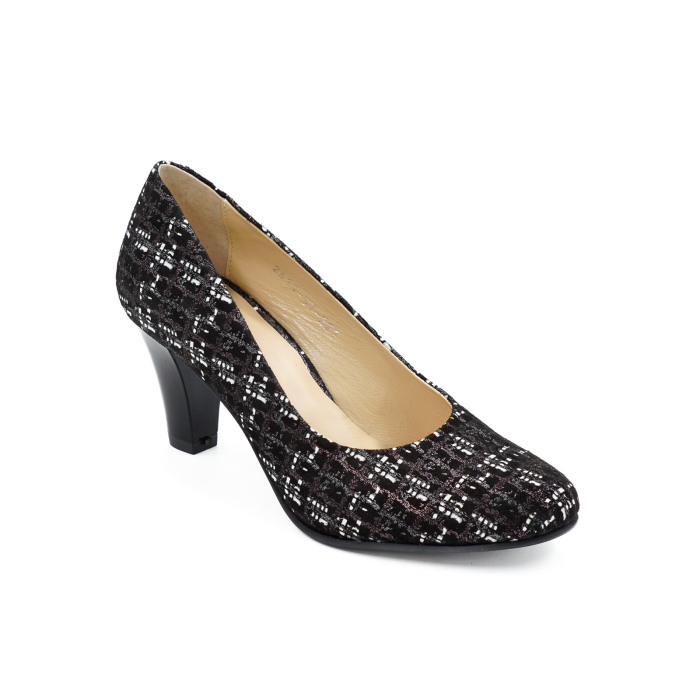 Pantofi dama din piele naturala neagra cu imprimeu, cu varf rotund si toc mediu gros de 7 cm 0221-26 [2]
